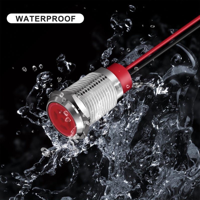 FICOLPO 10 Pcs LED Metal Waterproof Indicator Light, 12-24V 0.47-inch Mounting Hole Pre-Wired Pilot Signal Light for Car, Trucks, Boats, Marine, Dash, Industrial Electricity (Red, 12mm) - Image 2